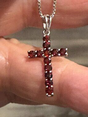 Vintage Sterling Silver Cross Necklace with Bohemian Garnet Stones 10"